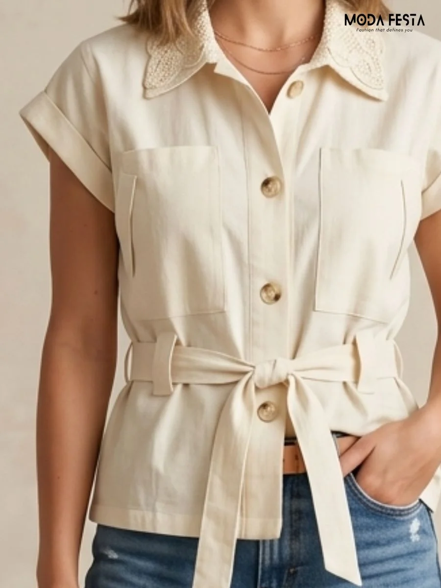 ModaFesta -Lace Collar Button-Down Top with waist-tie
